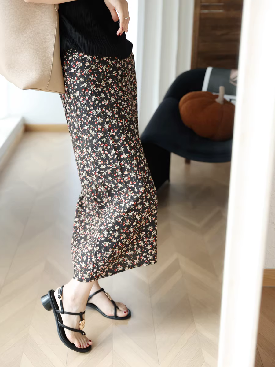 Váy hoa ngọt ngào kiểu cổ điển của Pháp dành cho nữ, váy in họa tiết xẻ tà chữ A lưng cao, thon gọn, dài vừa phải, mới cho mùa hè