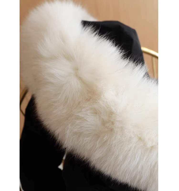 Giảm giá đặc biệt: Áo khoác lông vũ nữ dáng ôm dài trung bình, cổ lông thật, 90% lông vũ trắng, màu đen.