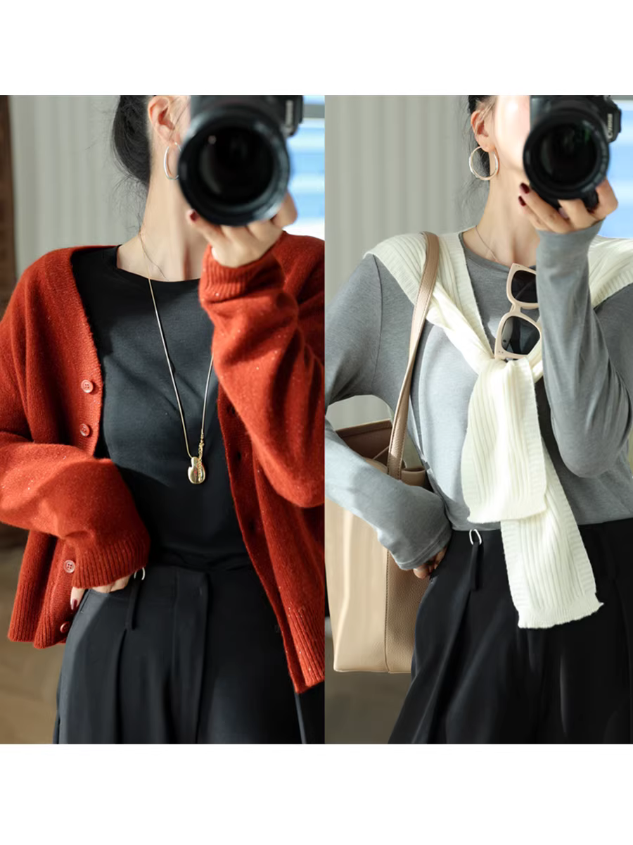 Mặt nạ dưỡng da dòng T chất liệu acetate Tencel cổ tròn áo thun mỏng dành cho nữ đầu thu đa năng chất liệu dệt kim mềm mại