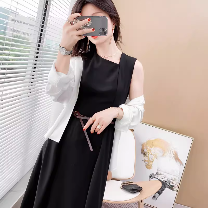 Nhà máy hợp tác thanh lý đơn hàng C Váy mỏng như giấy CHAO giúp bạn trông thon gọn hơn!! Váy đen dài ngang eo dành cho nữ trong mùa hè