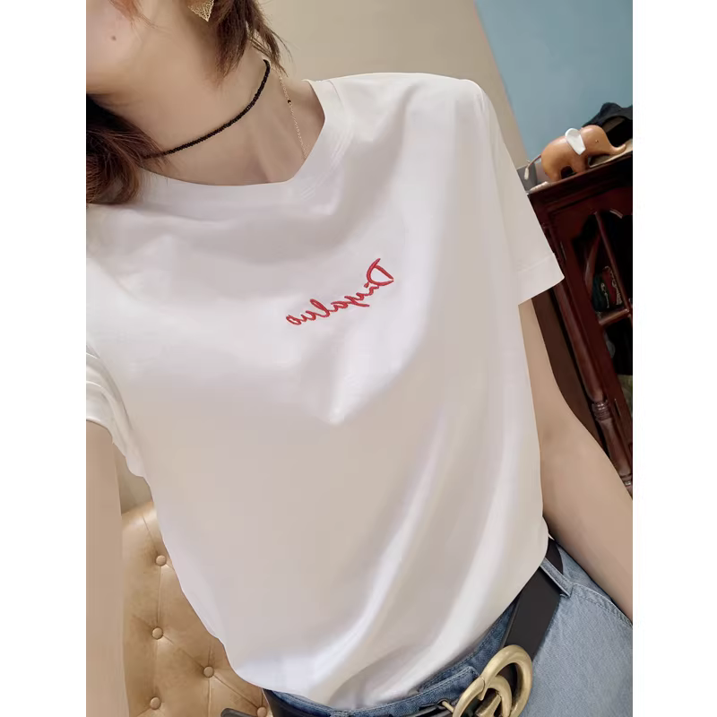 Áo thun ngắn tay cổ tròn màu trắng bằng cotton hai mặt mật độ cao 80 chiếc dành cho nữ có chữ, kiểu dáng mùa hè mới, áo cotton nguyên chất dáng rộng.