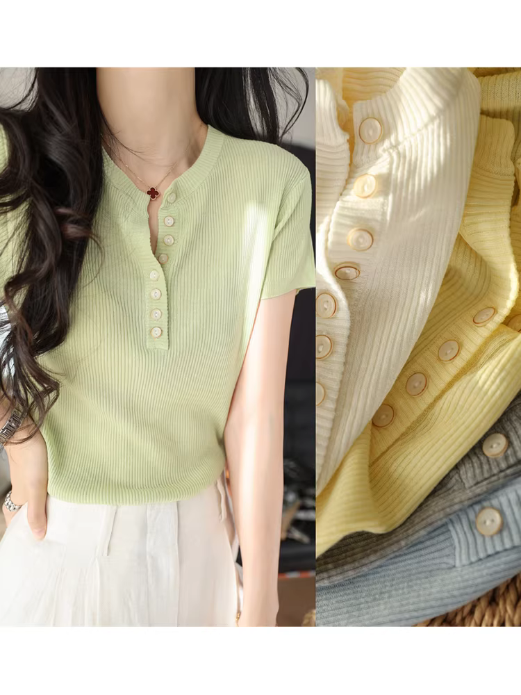 Áo thun dệt kim ôm sát, chất liệu linen lyocell, thoáng mát, kiểu dáng đơn giản, nửa khóa kéo, chất liệu gân, dành cho nữ, mẫu mới mùa hè