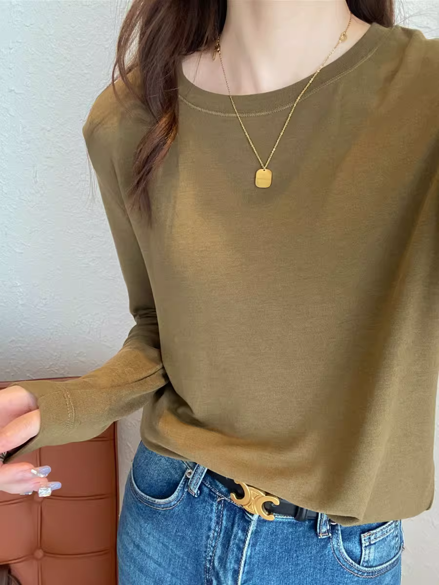 Áo thun len trơn cổ tròn + cổ lọ nửa cao, dáng rộng, đa năng, tay dài dành cho nữ, mùa thu đông mới