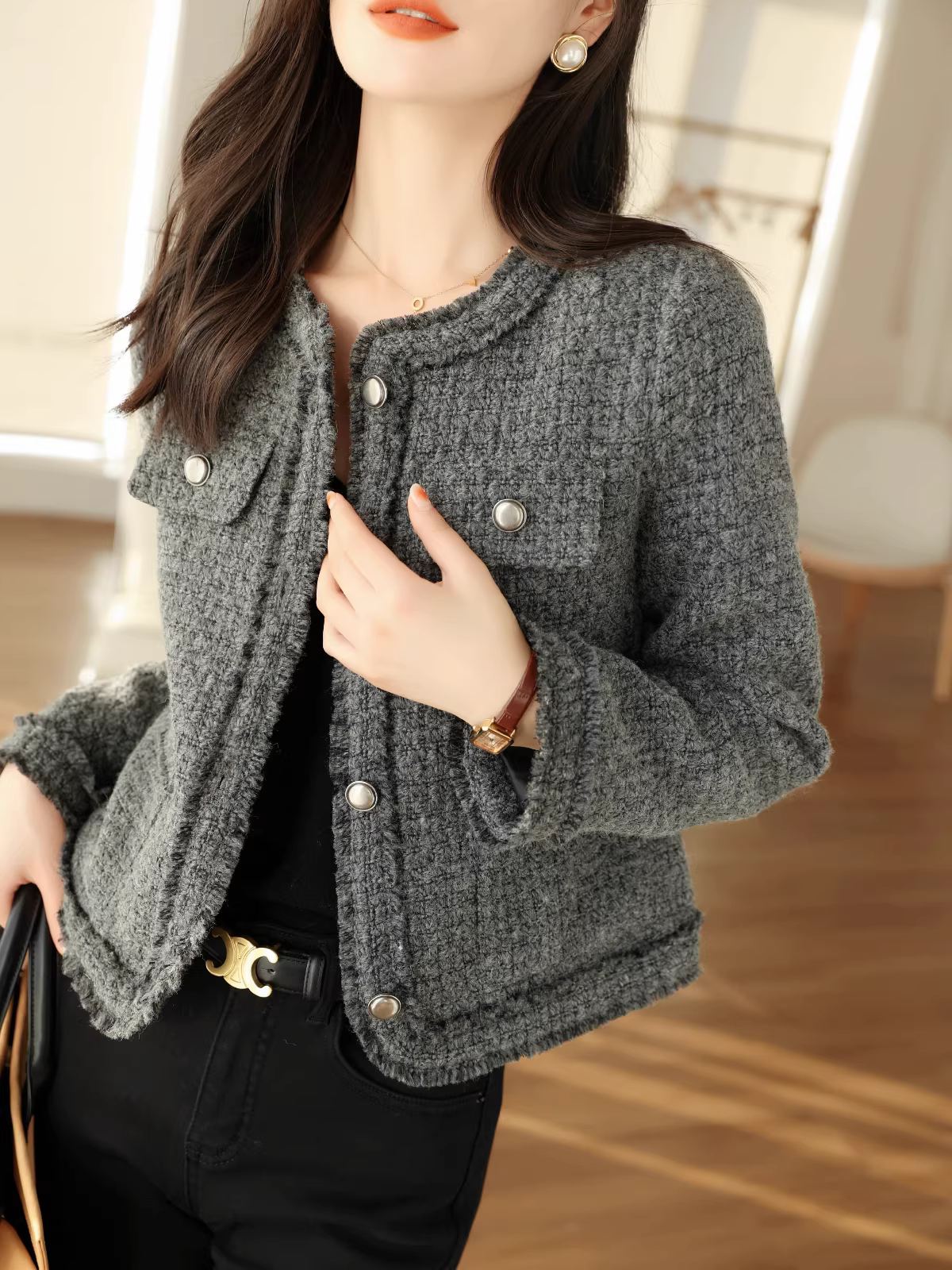 Áo khoác ngắn bằng vải len tweed 90% kiểu Chanel dành cho phụ nữ nhỏ nhắn mùa thu đông