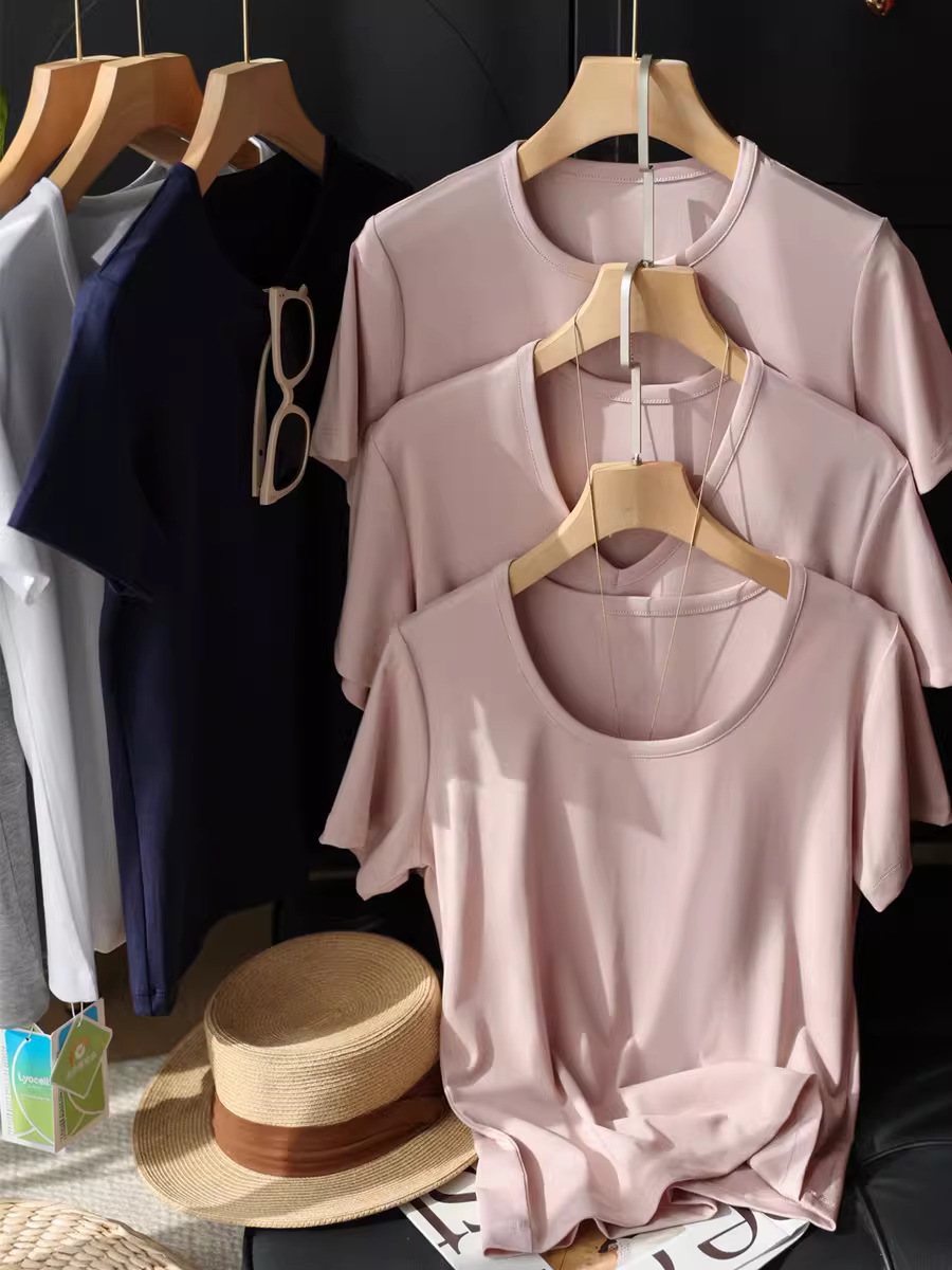 Áo thun ngắn tay Tencel cổ chữ V tròn, mềm mại, chất liệu mềm mại, mát mẻ, 91% Lyocell, đa năng dành cho nữ, mẫu mới mùa hè