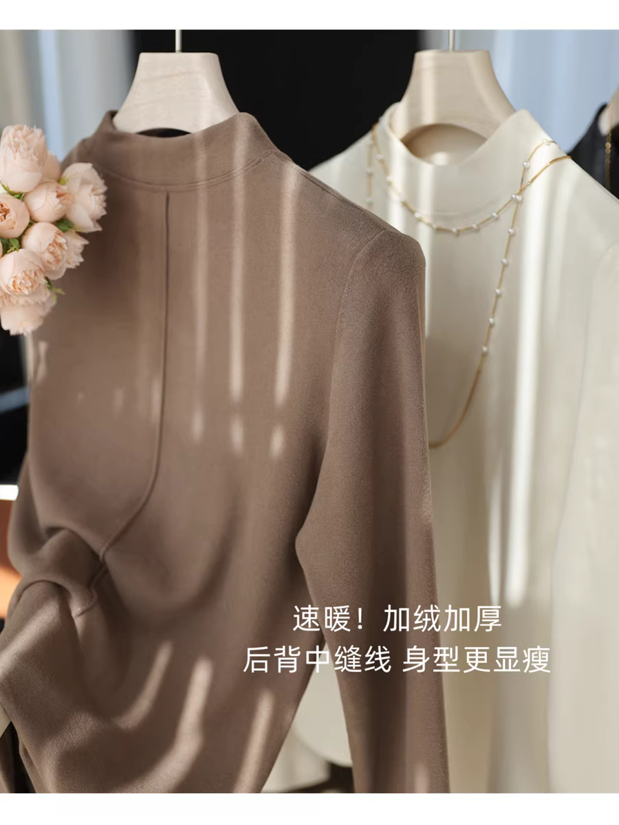 Nhanh chóng làm ấm! Đường may phía sau giúp bạn trông thon gọn hơn! Áo sơ mi cổ cao nửa cổ dày dặn lót lông cừu 250g, áo thun dài tay đa năng dành cho nữ trong mùa đông.