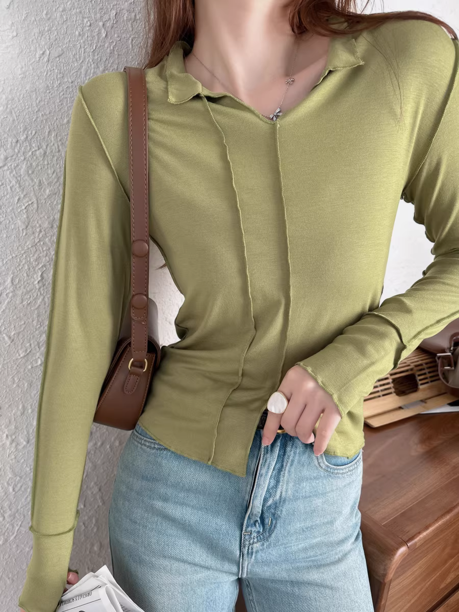 Ưu đãi đặc biệt, thanh toán ngay! Áo thun dài tay co giãn cổ chữ V, viền gấp, đường may chéo, kiểu dáng thời trang, giúp thon gọn dáng người, dành cho nữ, mùa đầu thu.