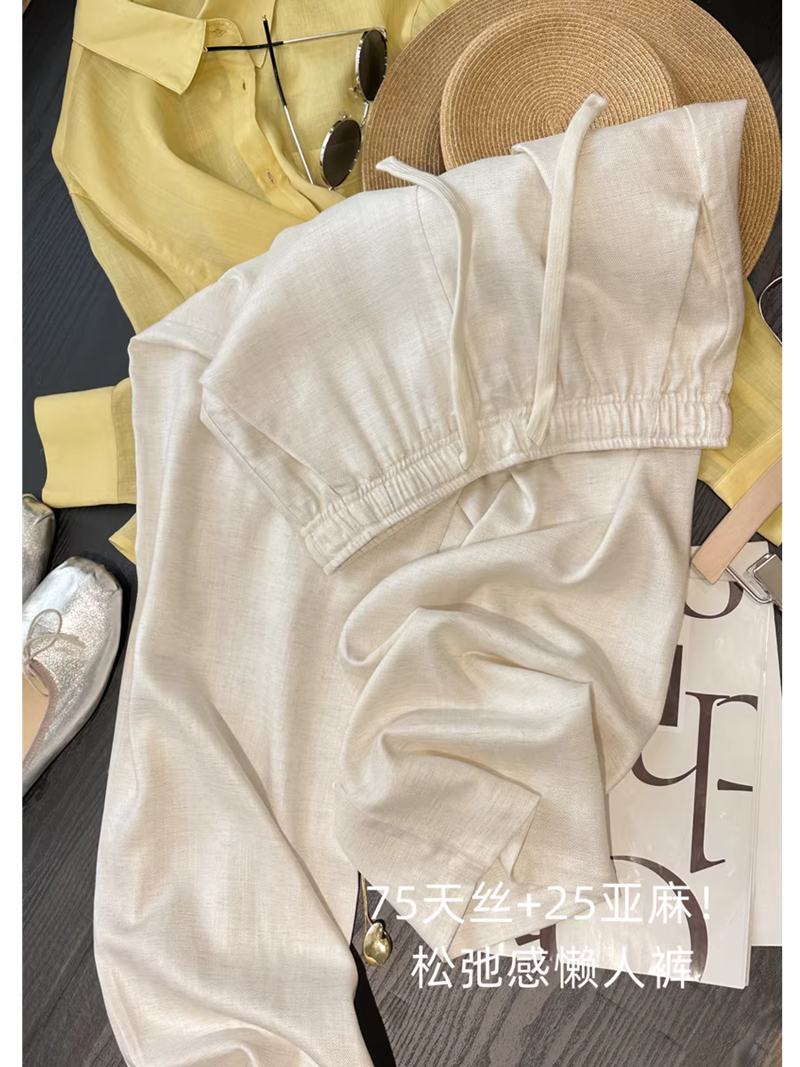 75% Tencel + 25% Linen! Quần lửng thoải mái, lưng thun có dây rút, dáng rộng ống thẳng, phong cách thường ngày dành cho nữ, mẫu mới cho mùa hè.