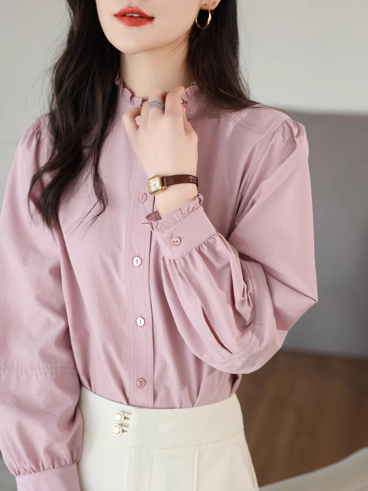 Áo sơ mi nữ tay đèn cotton giặt kiểu Pháp, cổ đứng bèo nhún, tay dài, dáng rộng, mẫu mới xuân hè