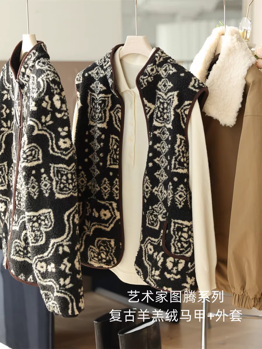 Nghệ sĩ biểu tượng! Áo khoác len lông cừu ấm áp bằng vải jacquard cổ điển, áo vest dài tay dành cho nữ, mới cho mùa thu đông.