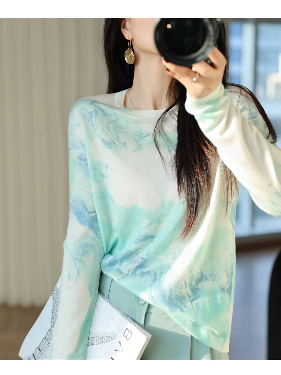 Cảm giác trần trụi, mềm mại sang trọng, áo len dệt kim mỏng in họa tiết len acetate, áo thun cổ tròn dành cho nữ, đầu mùa thu