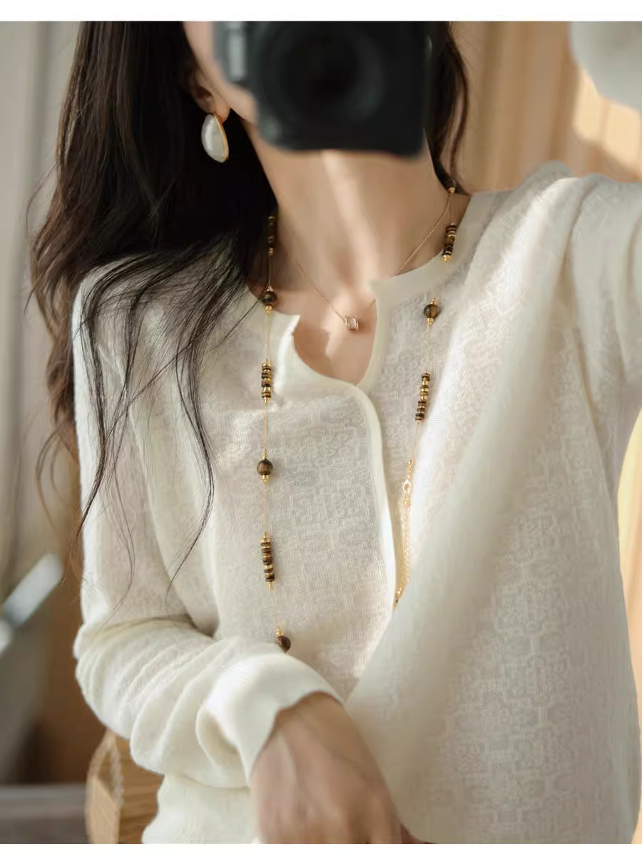 Áo len len phong cách Trung Quốc mới ren jacquard cổ chữ V dệt kim dài tay áo thun mỏng dành cho nữ đầu xuân