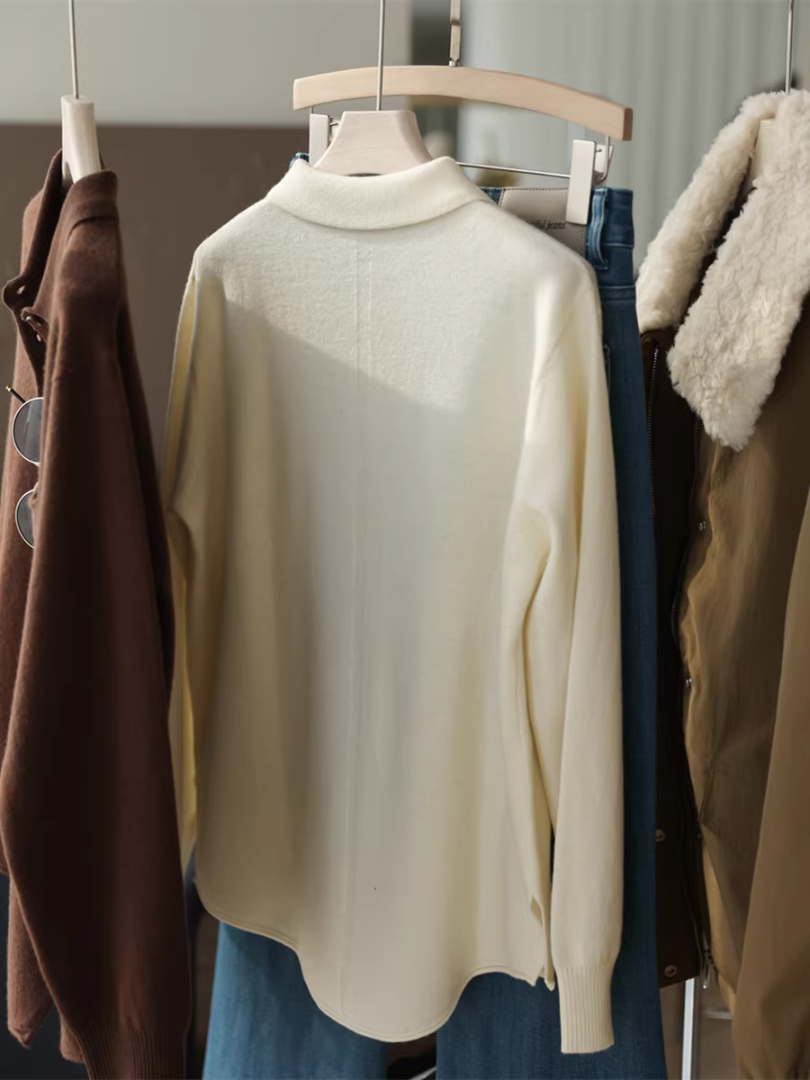 Áo len cao cấp 100% len, dày 280g, cổ trụ, có túi, dáng rộng, chất liệu dệt kim dành cho nữ, mùa thu đông