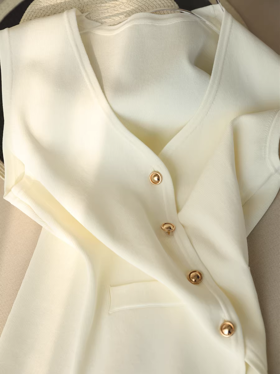 Áo gile dệt kim không tay kiểu Pháp cổ V chất liệu lụa đá mát mẻ thoáng khí dành cho nữ mùa hè mới