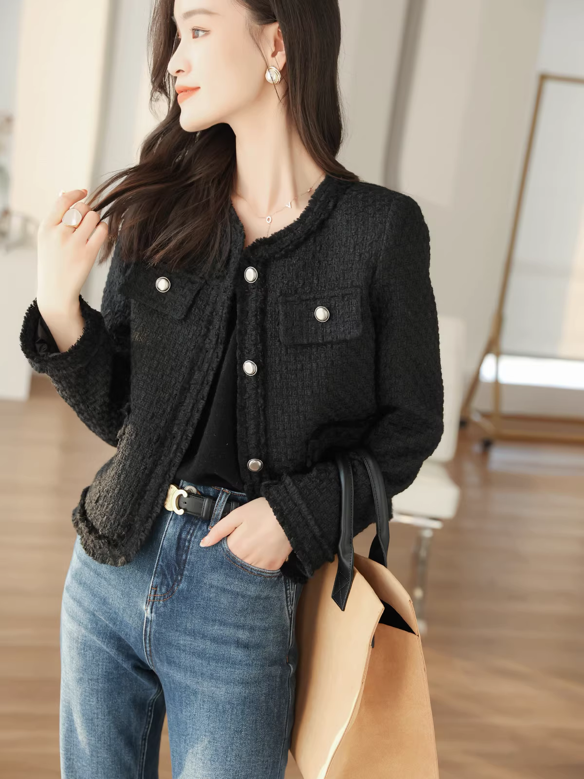 Áo khoác ngắn kiểu Chanel thanh lịch, cao cấp, 90% len dạ, dáng ôm, dành cho phụ nữ nhỏ nhắn, mùa thu đông