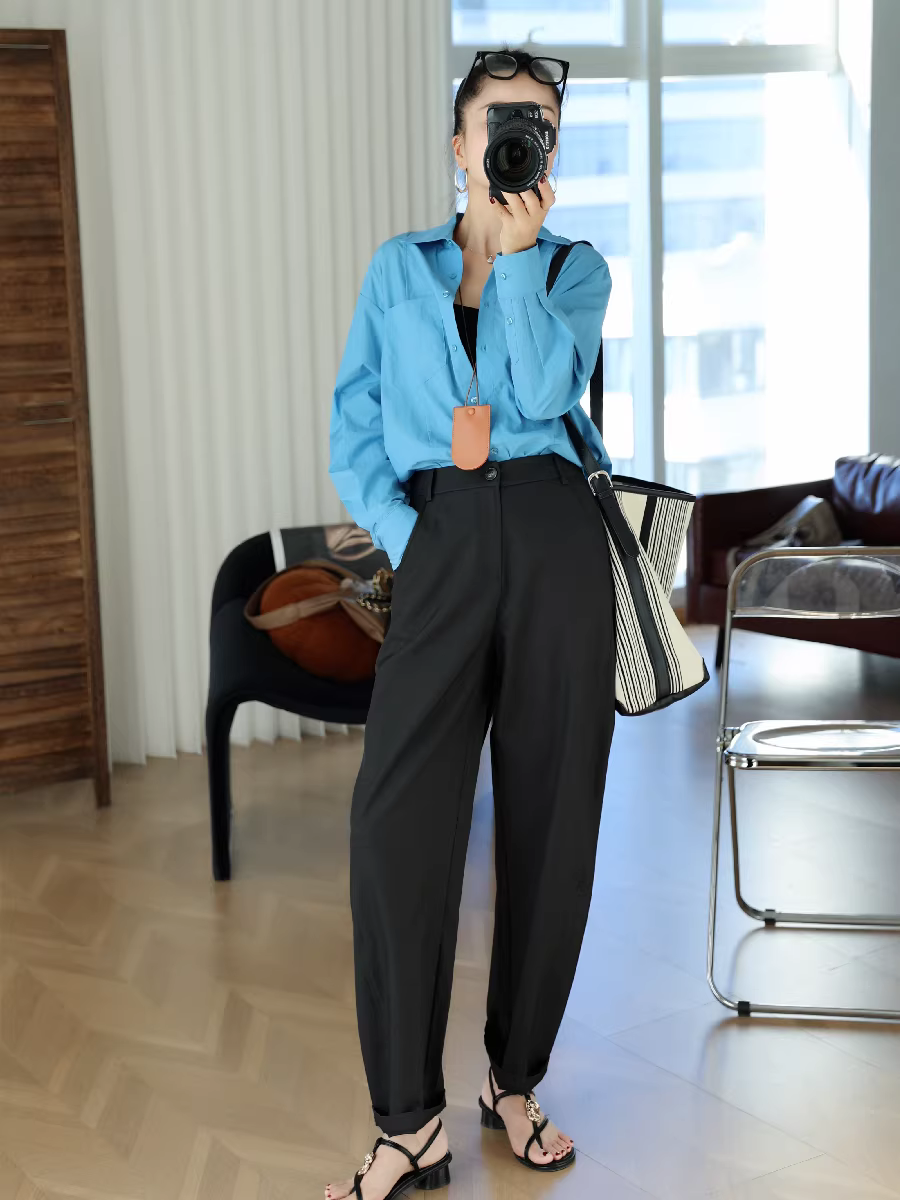 Quần dài dáng rộng, chất liệu sợi rỗng cao cấp! Nhẹ, nhanh khô, không nhăn, cạp cao, kiểu dáng cong, dành cho nữ.