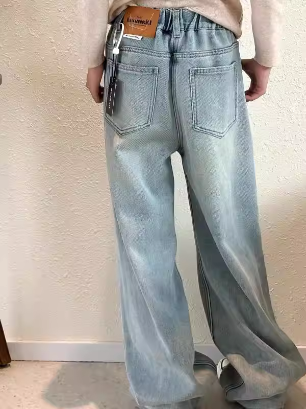 Quần jean lót lông cừu cho bé gái, quần ống rộng hẹp, quần áo trẻ em mới thu đông 2025, quần ống thẳng, lông cừu tích hợp cho trẻ em.