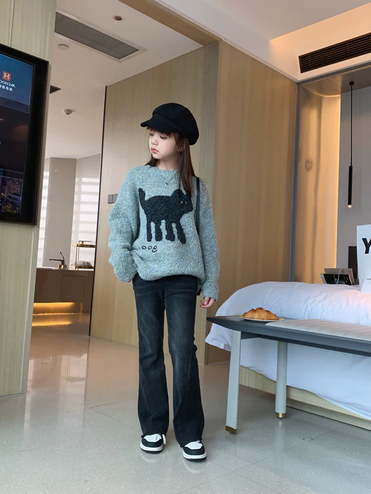 Quần jean đen dáng loe retro cho bé gái, xu hướng mới xuân thu 2025, quần dài thời trang cho trẻ lớn, quần bootcut mùa xuân cho trẻ em