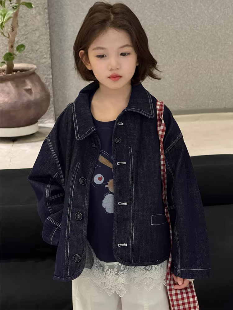 Áo khoác denim bé gái thu đông 2025, áo khoác trẻ em kiểu Hàn Quốc, áo thời trang đa năng cho trẻ lớn và trẻ nhỏ.