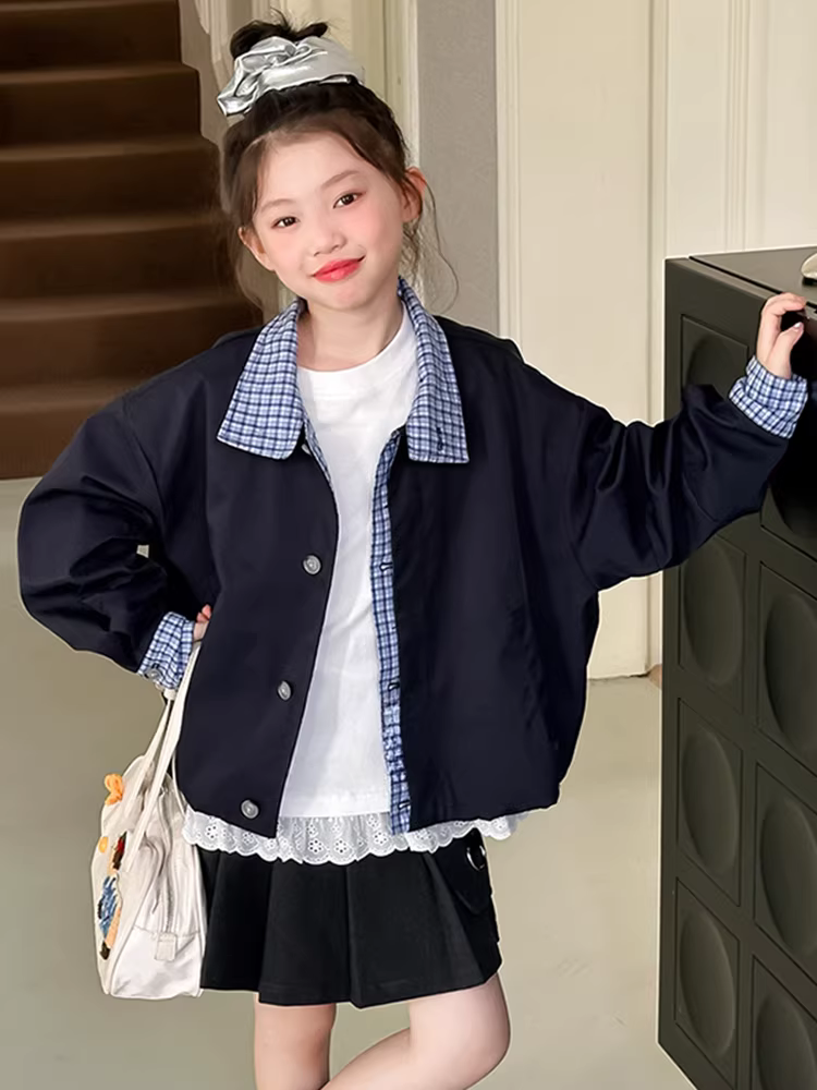 Áo khoác chắp vá kẻ sọc cho bé trai và bé gái, kiểu mới thu đông 2025, áo khoác phong cách Hàn Quốc cho trẻ em, áo ngắn cho trẻ nhỏ.