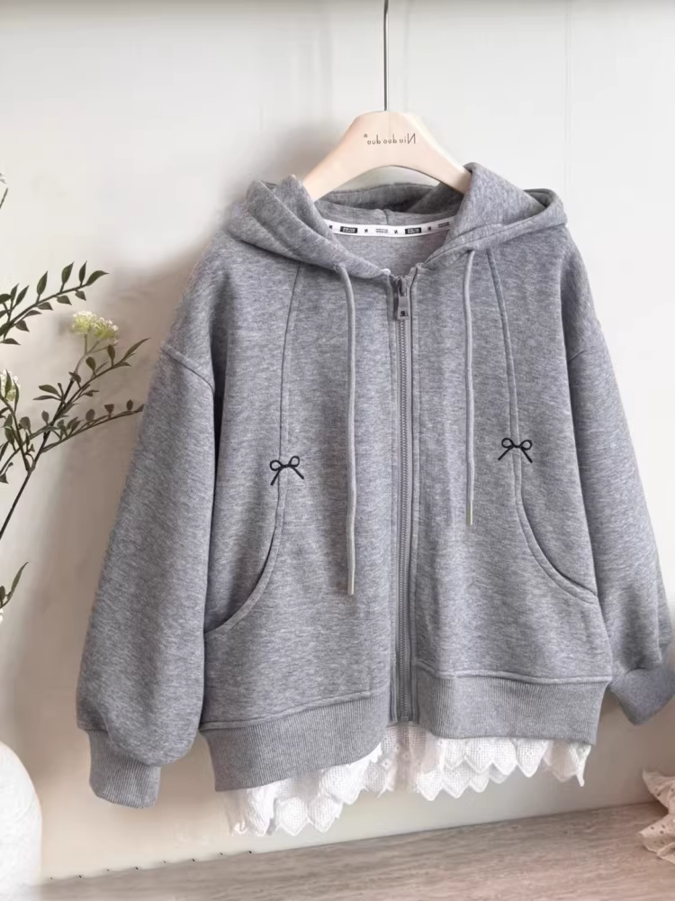 Áo khoác có mũ trùm đầu phối ren, khóa kéo, kiểu Hàn Quốc, dáng rộng, dành cho bé gái, hàng mới thu đông 2025