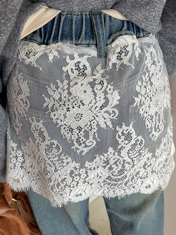 Quần áo trẻ em mùa đông cho bé gái, quần jean lót lông cừu phối ren, quần kiểu thu đông, quần ống thẳng cho trẻ lớn, quần dài đa năng.