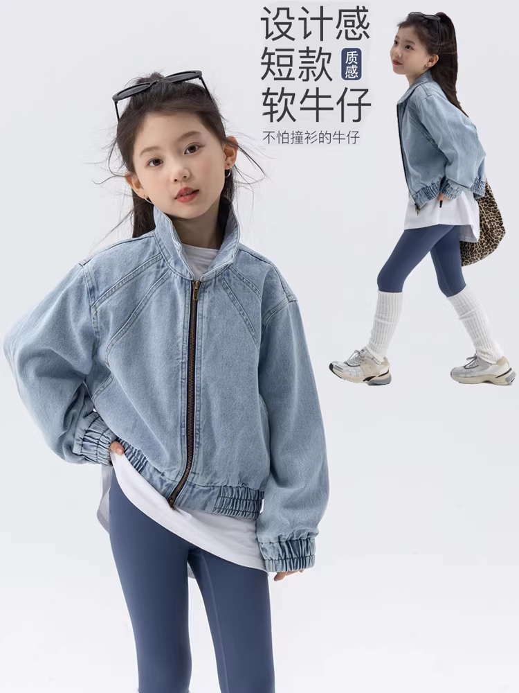 Áo khoác denim ngắn cho bé gái, kiểu mới xuân 2025, áo khoác trẻ em thời trang có khóa kéo đôi, size trung và lớn, áo khoác thường ngày cho trẻ em