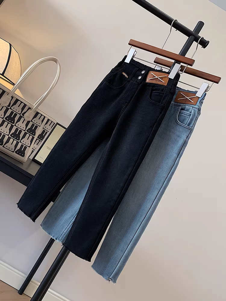 Quần jean nữ bé gái mùa đông 2025 kiểu mới, lót lông cừu, cạp cao, ôm dáng, dành cho trẻ lớn hơn, quần skinny và quần ống loe đa năng