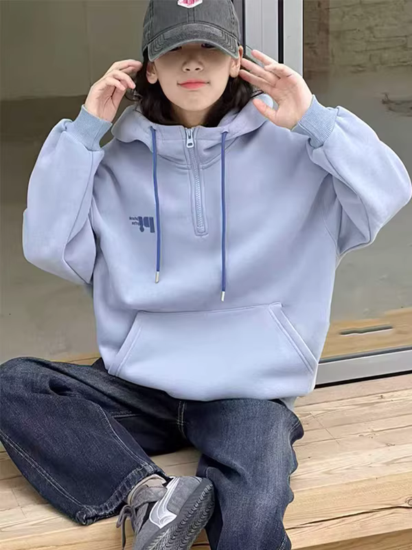 Áo hoodie nỉ nửa khóa kéo cho bé gái, phong cách thu đông 25, bộ đồ gia đình đồng điệu cho trẻ lớn hơn, kiểu dáng Hàn Quốc, áo rộng rãi, phong cách thường ngày