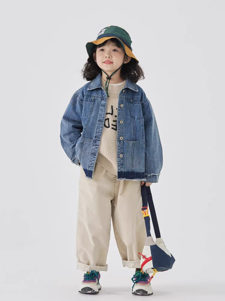 Áo khoác denim mùa xuân 2025 dành cho bé gái, unisex, áo trẻ em mùa xuân thu cho trẻ lớn hơn, cổ áo dựng đứng, kiểu dáng cổ điển