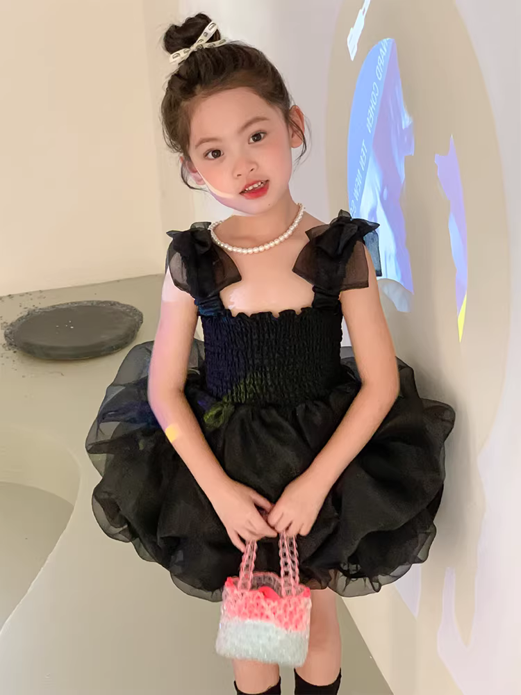Váy hè bé gái, trang phục công chúa đen trẻ em, mẫu mới 2025, kiểu dáng thời trang cao cấp, váy bồng bềnh thời thượng cho bé
