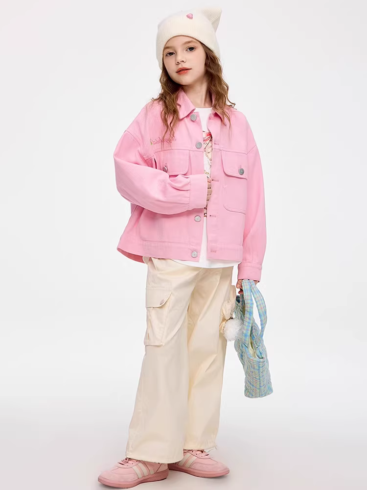 Áo khoác denim màu hồng đa năng và thời trang dành cho bé gái, kiểu Hàn Quốc mới mùa xuân 2025, áo khoác trẻ em dễ thương