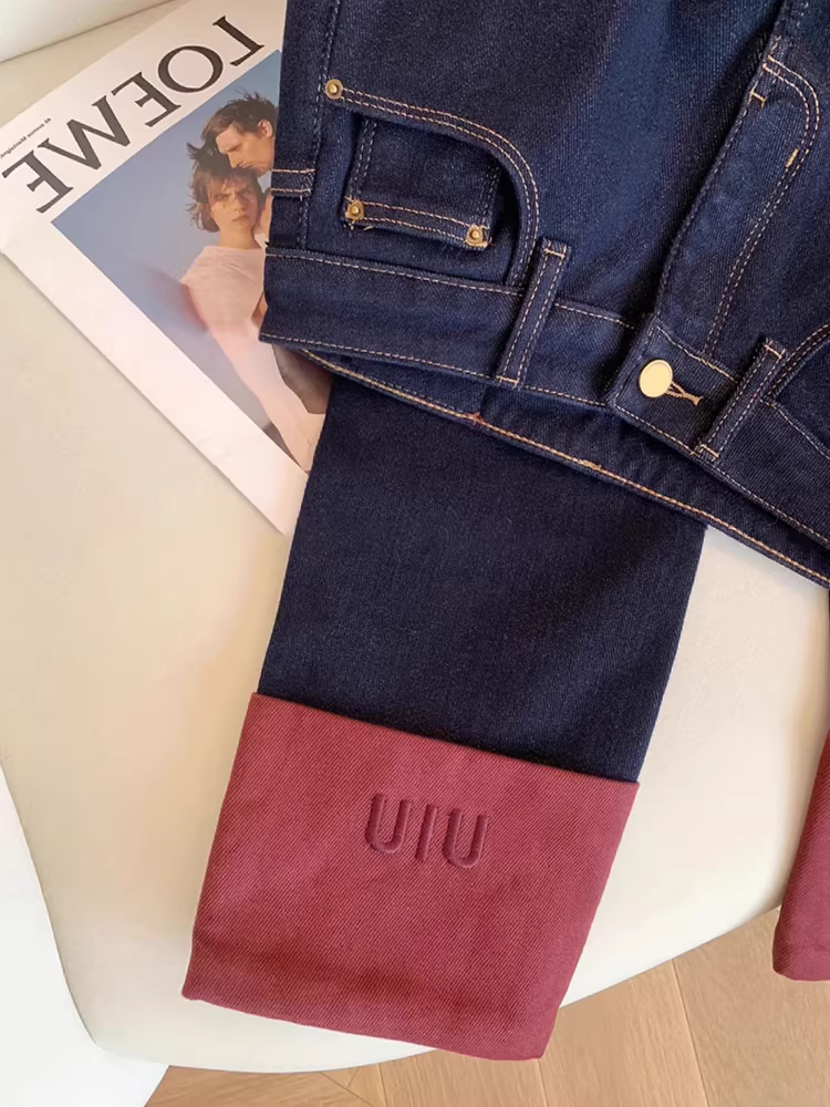 Quần jeans phối màu bo gấu kiểu mới xuân 2025, cạp cao, dáng ôm, ống thẳng dành cho trẻ nhỏ