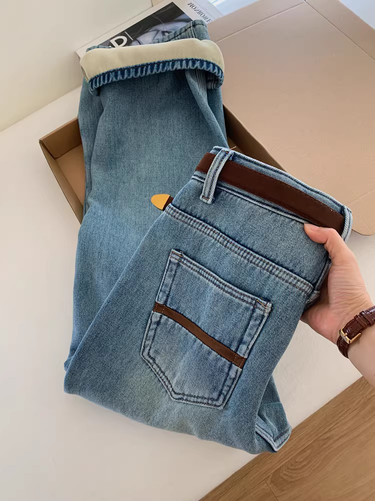 Quần jean ống thẳng dày dặn, lót lông cừu cao cấp, dáng ôm cho nữ, quần ống đứng tôn dáng cho bé gái, quần ống rộng cho trẻ em, dáng rộng thoải mái cho mùa thu đông.