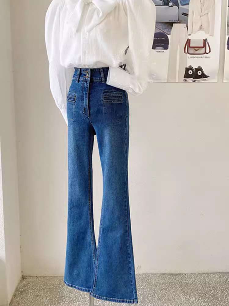 Quần jeans loe nữ xuân 2025, cạp cao, tôn dáng, co giãn, kiểu dáng bootcut dành cho các cô gái nhỏ nhắn, quần dài