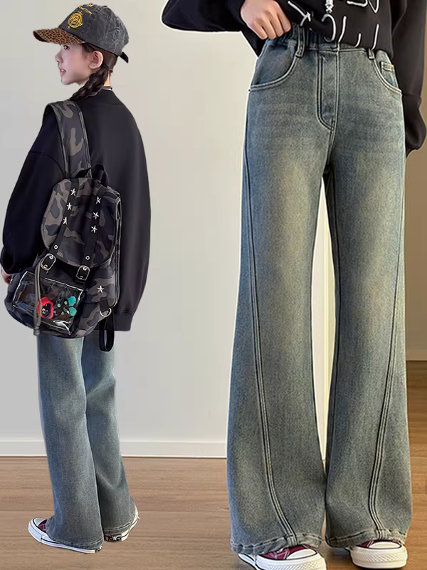 Quần jean lót lông cừu dáng loe cho bé gái, kiểu thu đông 2025, quần dài cho trẻ lớn, cạp cao, tôn dáng, lót lông tích hợp, quần hơi loe