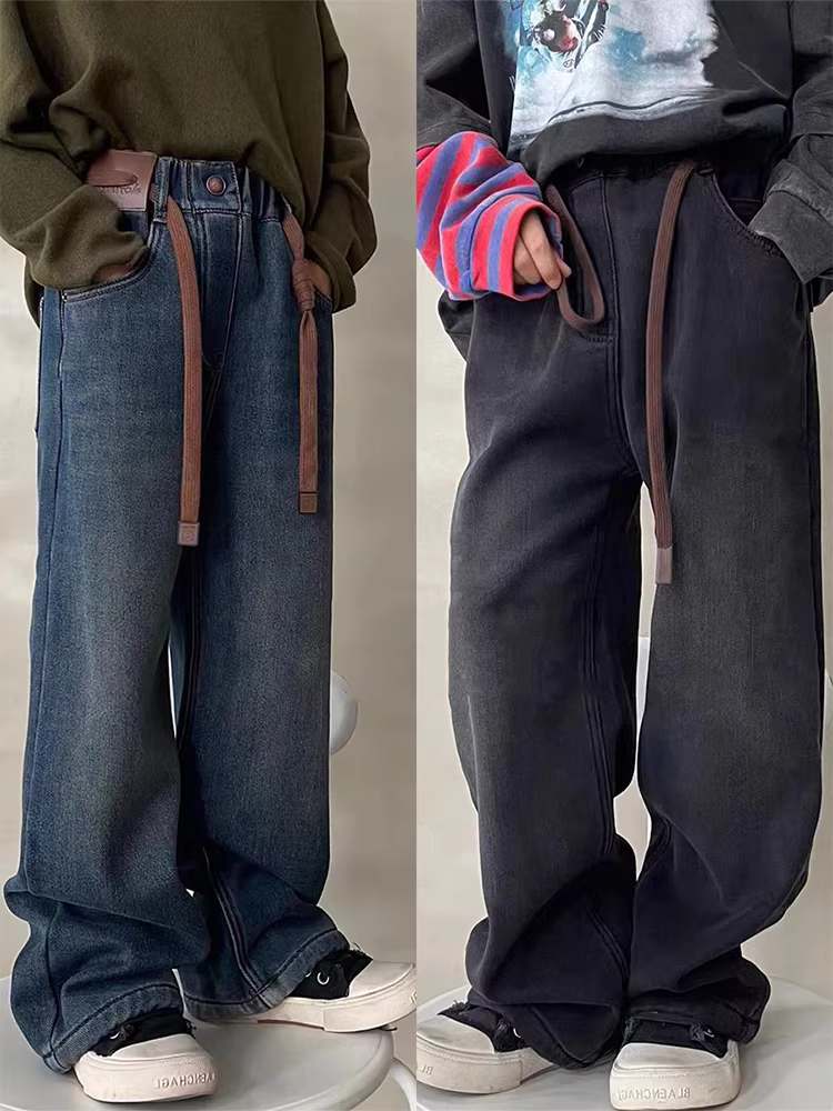 Quần áo trẻ em Hàn Quốc quần jean lót lông cừu cho bé gái mùa đông 2025 quần ống đứng giữ ấm cho trẻ em quần dài đa năng thường ngày cho bé trai