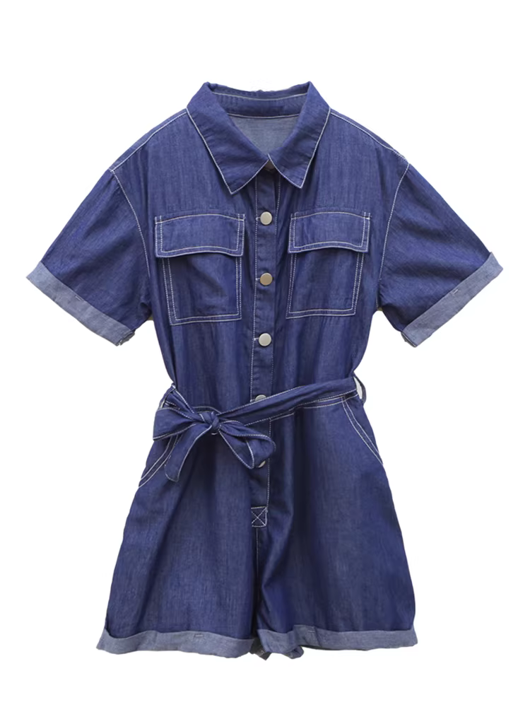 Bộ jumpsuit bé gái hè 2025 kiểu mới, chất liệu denim, tay ngắn, dáng rộng, mỏng, thời trang dành cho trẻ lớn