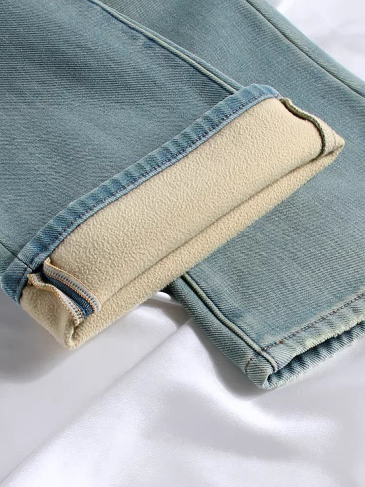 Quần jean ống loe lót lông cừu dành cho nữ, lưng cao, ôm dáng, phong cách cổ điển, mùa thu đông, cảm giác cao cấp, quần ống loe co giãn, hợp thời trang.