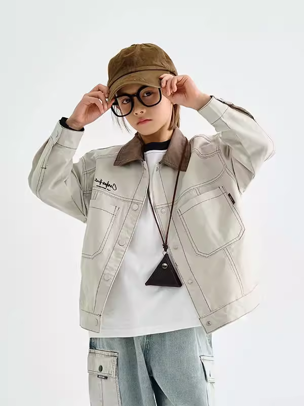 Áo khoác trẻ em phối màu thời trang xuân 2025 kiểu Nhật, áo khoác ngắn thiết kế trẻ em cá tính