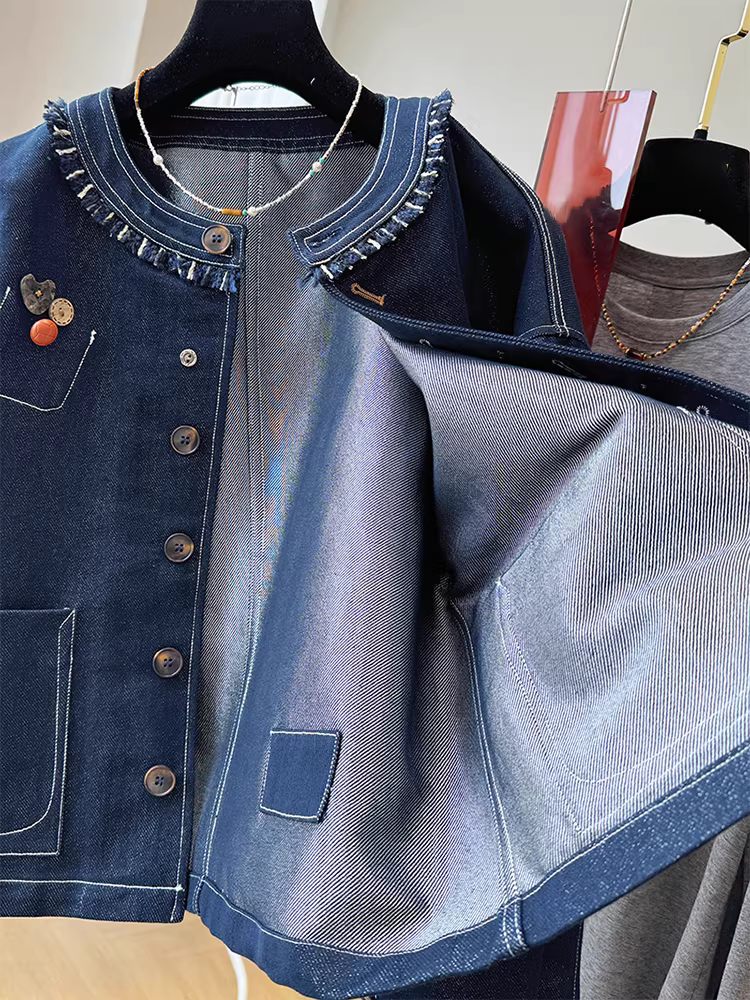 Áo khoác denim cao cấp phong cách Chanel mùa Xuân Thu 2025 dành cho bé gái lớn, kiểu dáng thời trang retro rộng rãi, viền xù