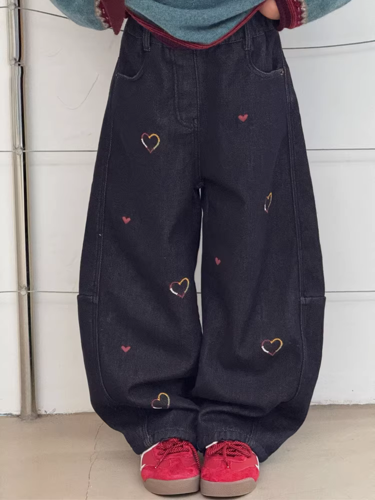 Quần jeans thêu lót lông cừu thời trang trẻ em dành cho bé gái, quần ống rộng kiểu dáng thời trang, quần ống rộng dáng suông