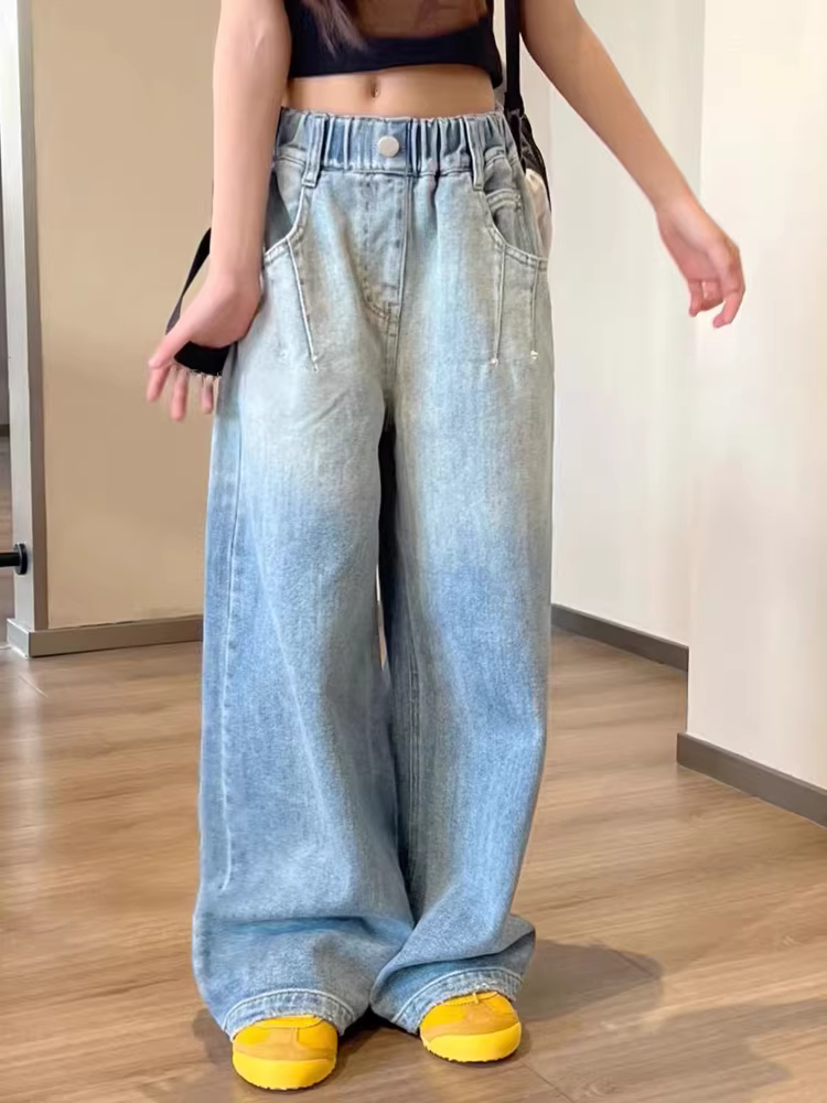 Quần jeans cạp cao trẻ em Hàn Quốc thời trang xuân thu 2025, kiểu dáng thẳng, phối màu gradient, dành cho các bé gái lớn, quần ống rộng, dáng rộng