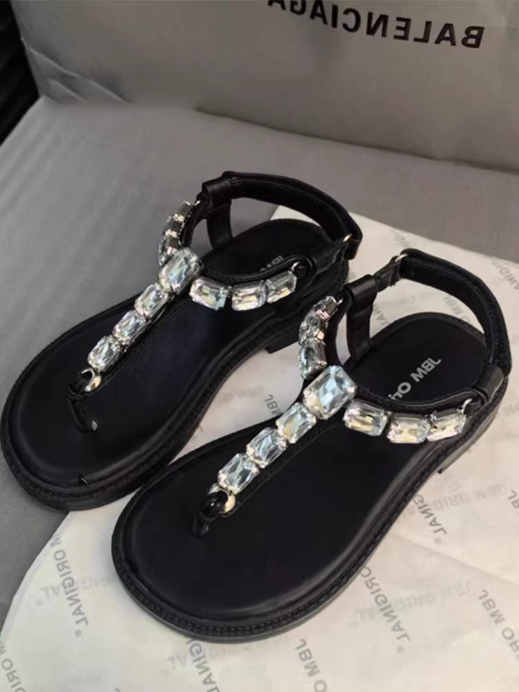 Dép quai ngang đế phẳng đính đá lấp lánh dành cho bé gái để mặc ngoài trời, giày công chúa thời trang và sành điệu kiểu Hàn Quốc có gót phẳng.