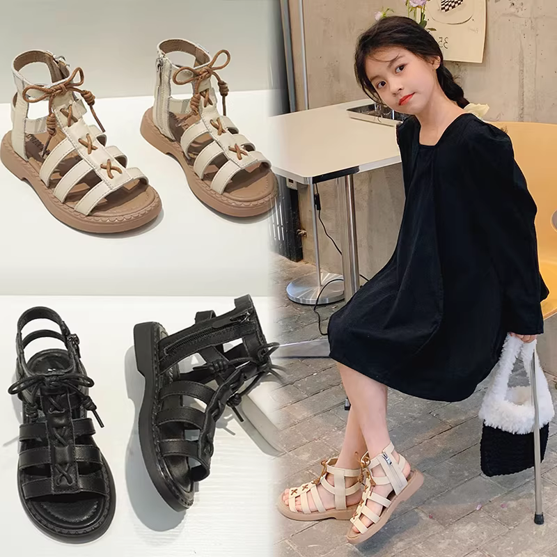 Dép công chúa da thật cho bé gái mùa hè 2025 kiểu mới thời trang, giày đi biển đế mềm cho bé gái, giày La Mã trẻ em