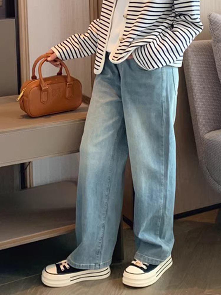 Quần jeans kiểu xuân cho bé gái, quần ống rộng dáng thẳng mới đầu xuân, quần trẻ em lớn tuổi, thời trang xuân thu 2025