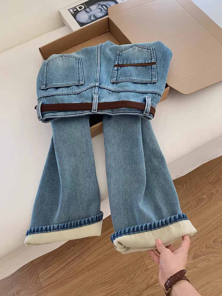 Quần jean ống thẳng dày dặn, lót lông cừu cao cấp, dáng ôm cho nữ, quần ống đứng tôn dáng cho bé gái, quần ống rộng cho trẻ em, dáng rộng thoải mái cho mùa thu đông.