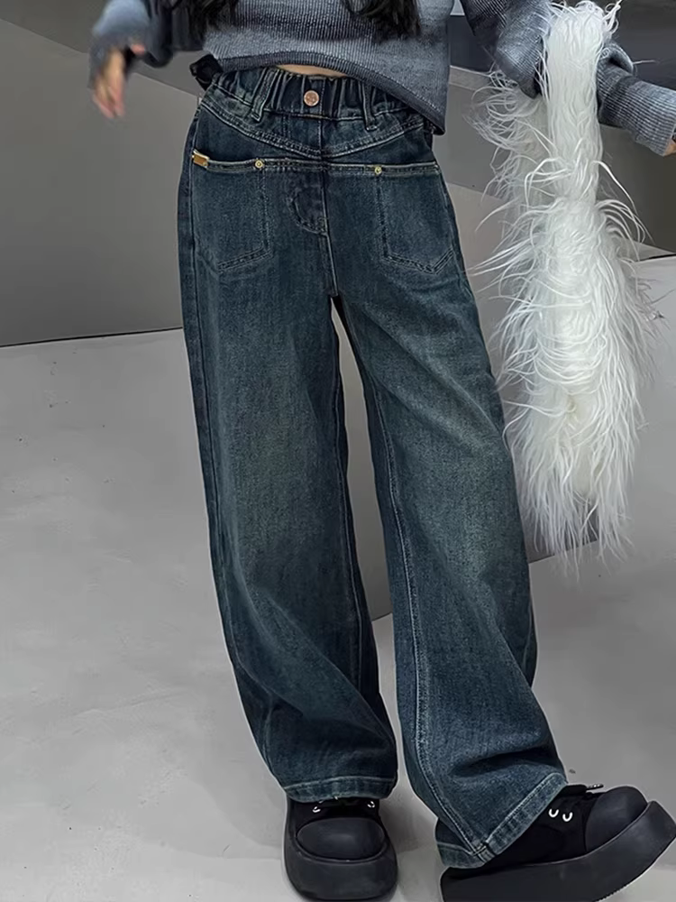 Quần áo trẻ em Hàn Quốc quần ống đứng cho bé gái mùa xuân thu phong cách retro mới quần jean trẻ em thời trang dành cho trẻ lớn quần dài đến sàn hợp thời trang