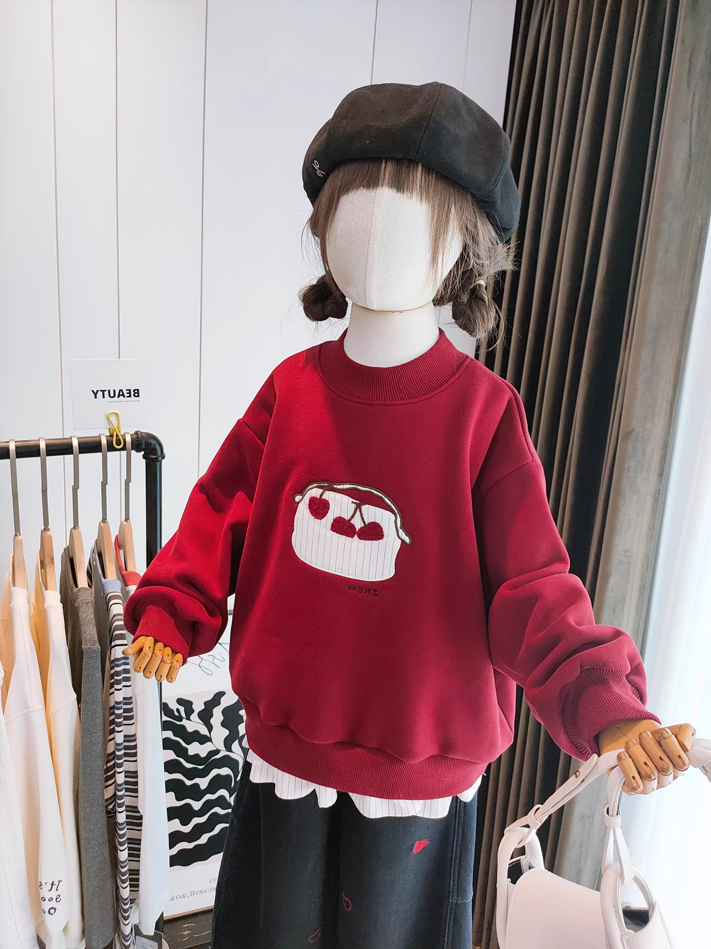 Áo khoác nỉ dày thêu hình quả anh đào áo khoác lớp trong áo sơ mi cơ bản quần áo trẻ em mùa thu đông giả hai mảnh cho bé gái