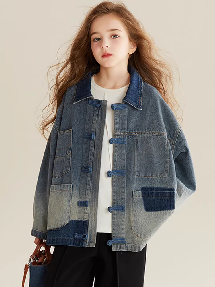 Áo khoác denim phối màu cho bé gái mùa xuân thu 2025 kiểu mới, áo kiểu Trung Quốc, cổ trụ, thời trang dành cho trẻ lớn